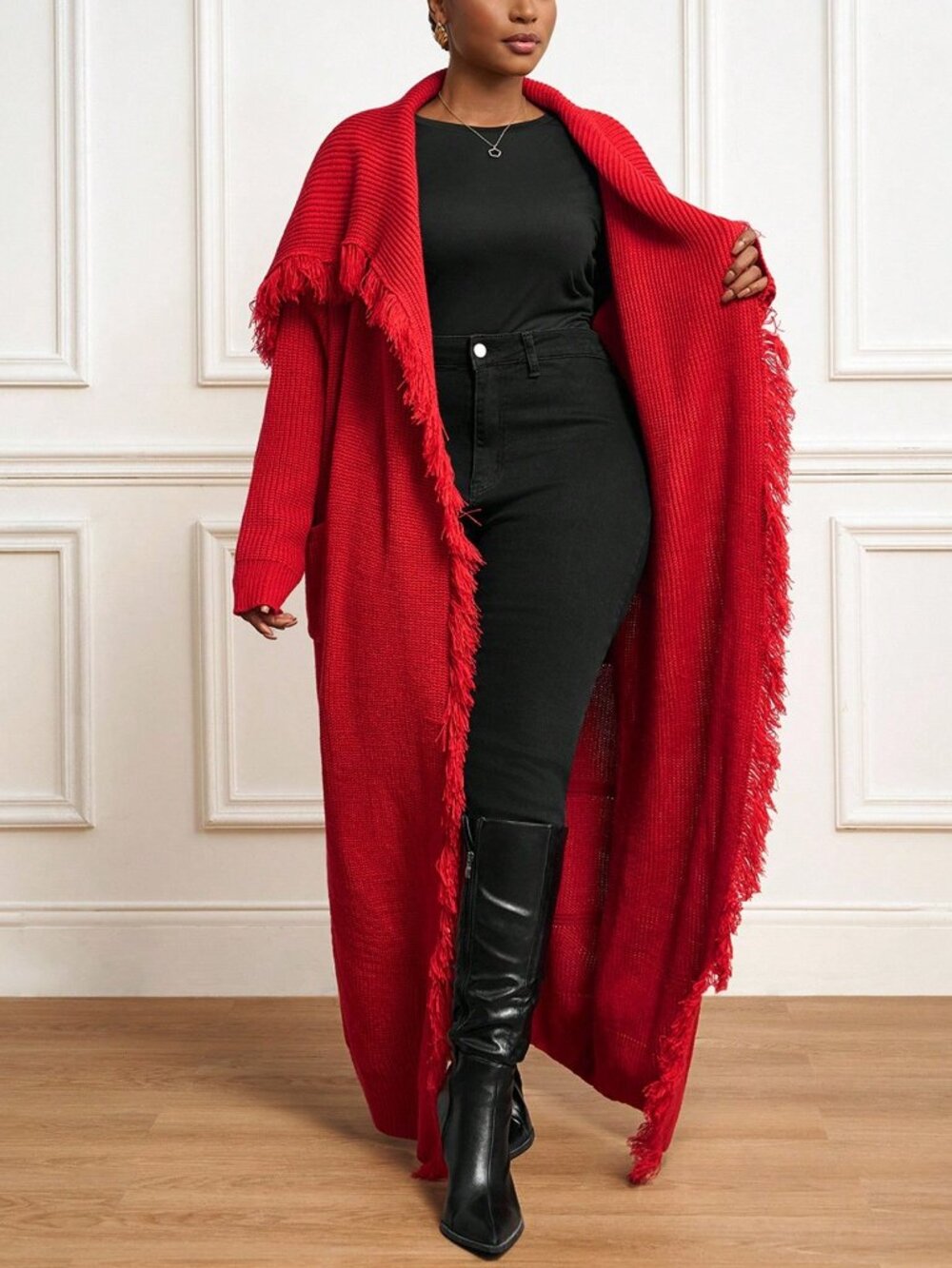 Red Casual Women's Loose Drop Shoulder Pocket maxi sweater knit Cardigan